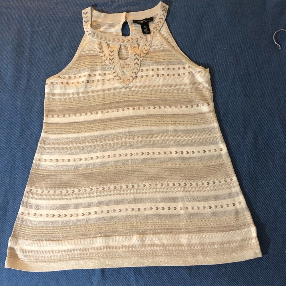 White and black top with gold and silver thread
